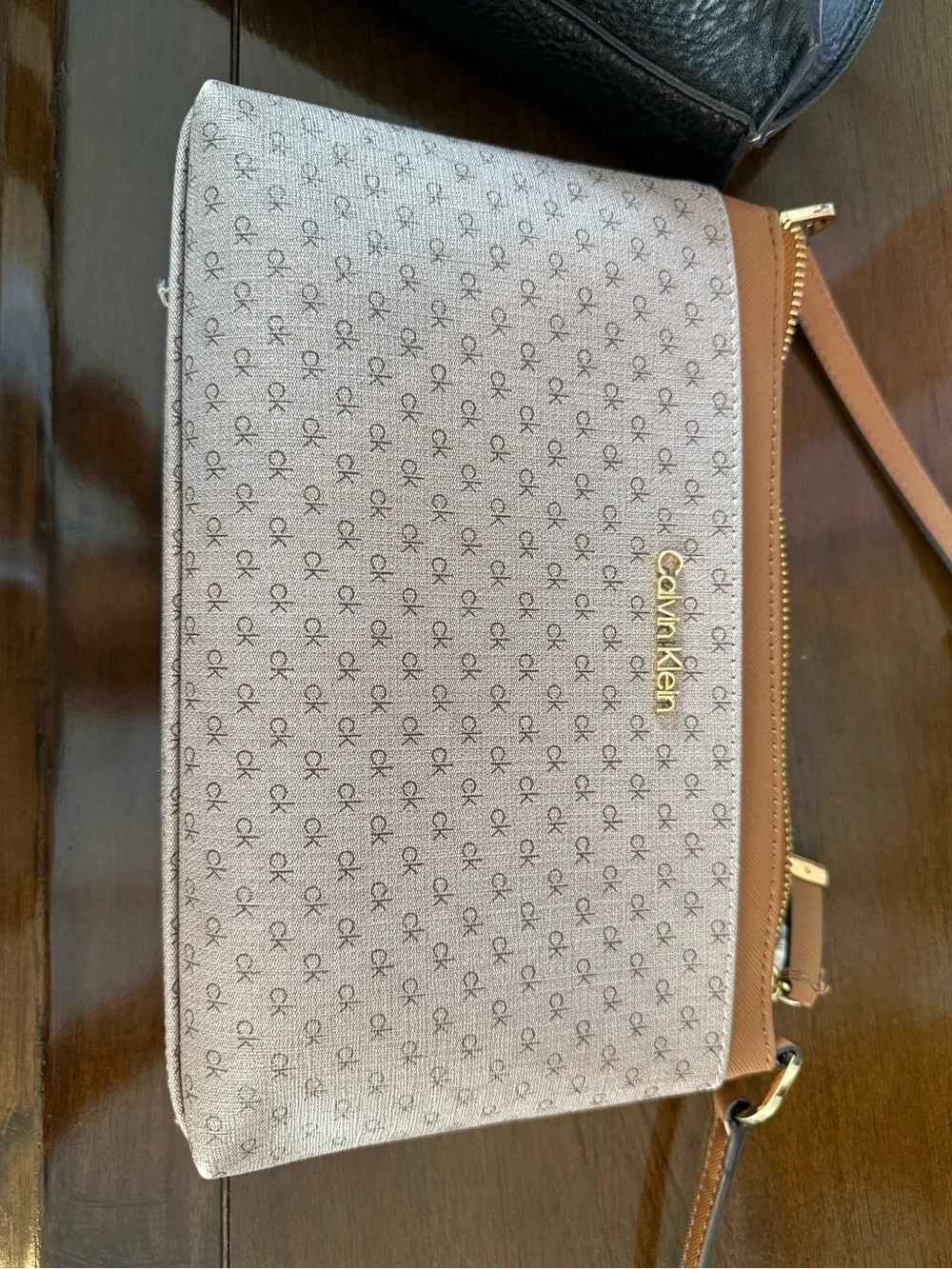 Calvin Klein Beige Monogram Crossbody with Brown Trim